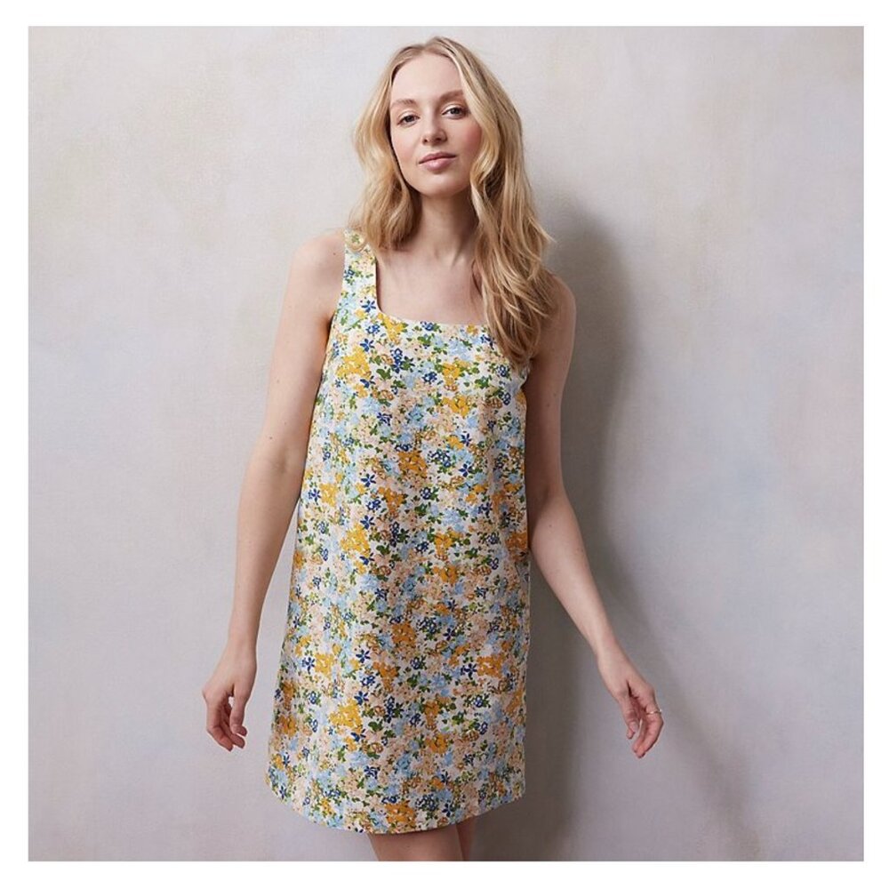 LC Linen Stretch Floral Shift Dress L Cottagecore Garden‎ Blue Coral Square Neck